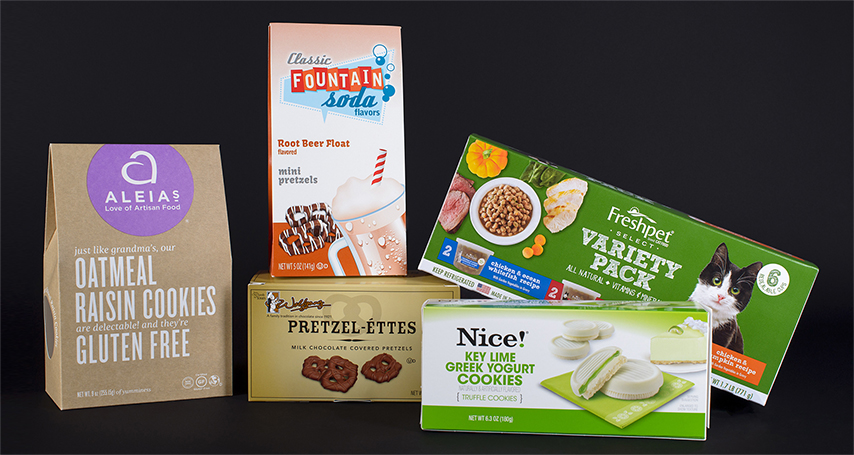 Consumer packaging shown for cat food, cookies, and more