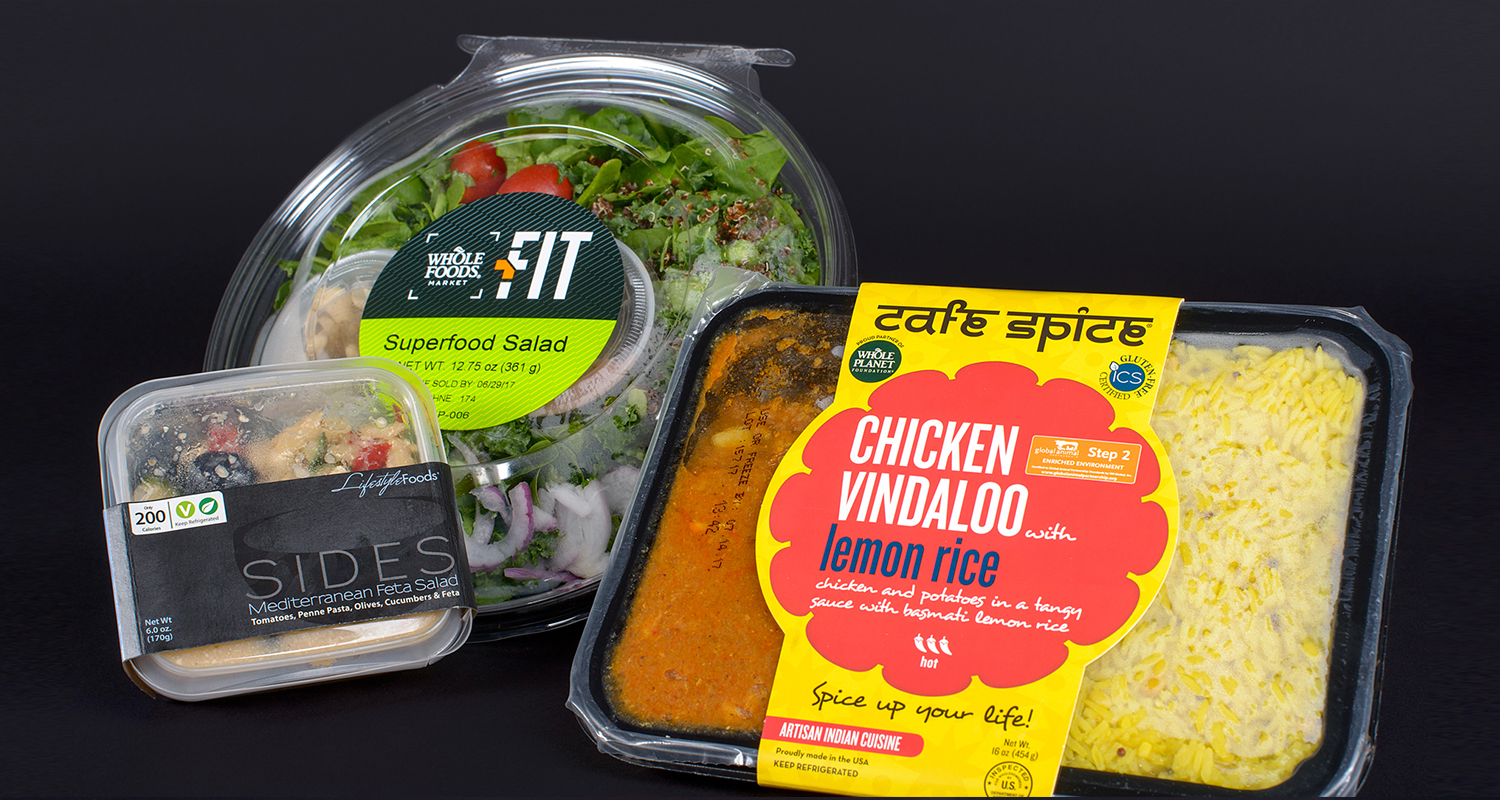 Consumer packaging shown for food items