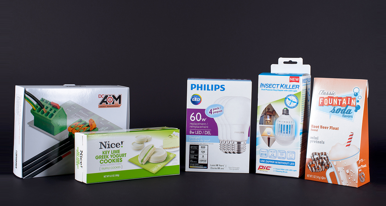 Consumer packaging shown for light bulbs and food